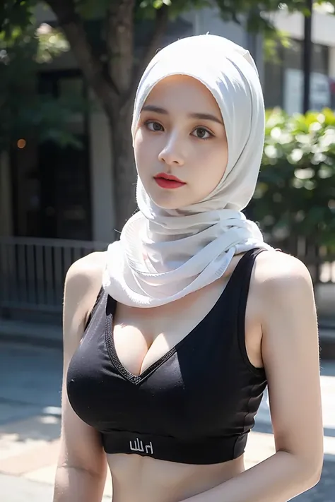 (Best quality, masterpiece, ultra-detail, extremely ultra detailed CG), photorealistic, mature female, (hijab:1.2), tank top, medium breast, professional lighting, medium close shot, (serious expressions, emotionless), looking to viewer, depth of field, ou...