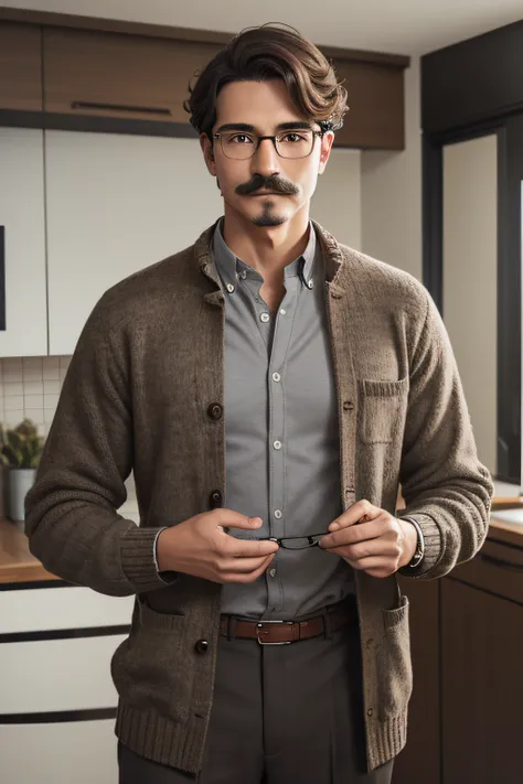 A young man, com cabelos castanhos (curto e ondulado) e um bigode, He has prescription glasses, usa roupas bem vestidas (button-down shirt, plaid sweater and tailored pants) em tons de cinza, marrom claro e grafite. He is a doctor and usually wears a lab c...