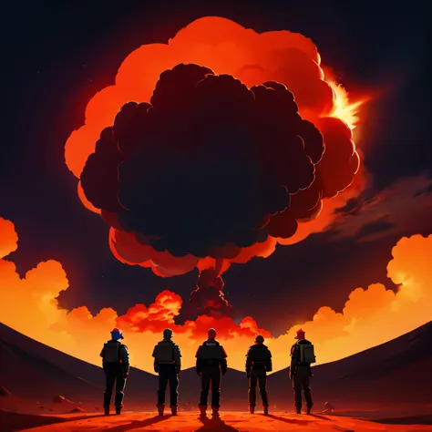 (Darstellung abgeschlossen), (strong colors) , A small group of men stand in front of a single, realistische Feuerrote Atomexplosion, single large bright red mushroom cloud, mighty red,