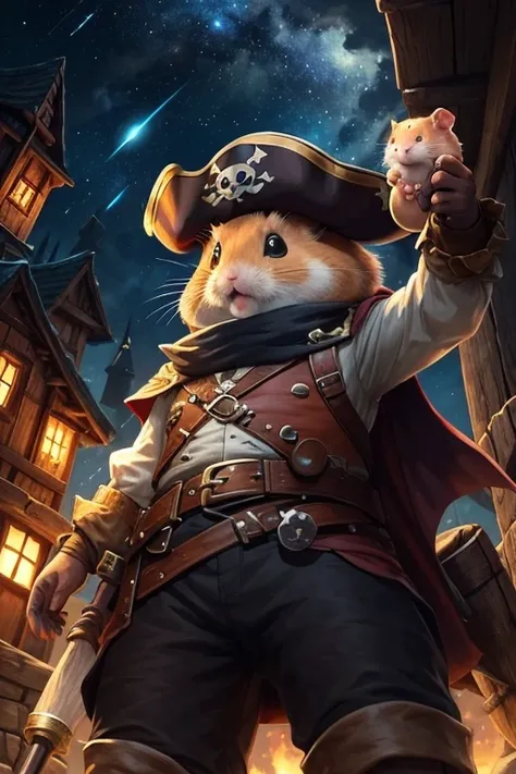 A cute hamster, rpg adventurer clothing, pirate outfit, angle from below, night sky