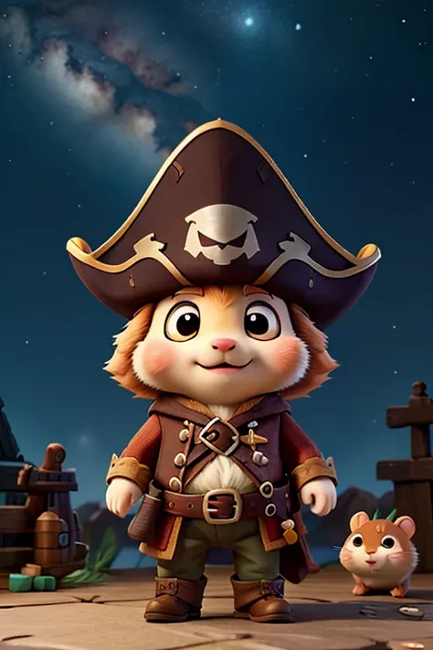 A cute hamster, rpg adventurer clothing, pirate outfit, angle from below, night sky