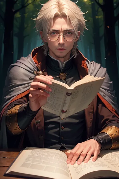 there is a man on his thirties in a gray robe reading a paper, he is in a dark forest, rpg book portrait, portrait of an adult boy, old looking face, roleplaying game art, male warlock, portrait of a mage, caleb from critical role, black - haired mage, pic...