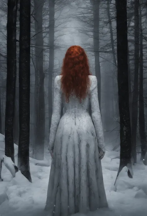 Red haired girl, 2 feet of snow, snow up to her waist, in a forest