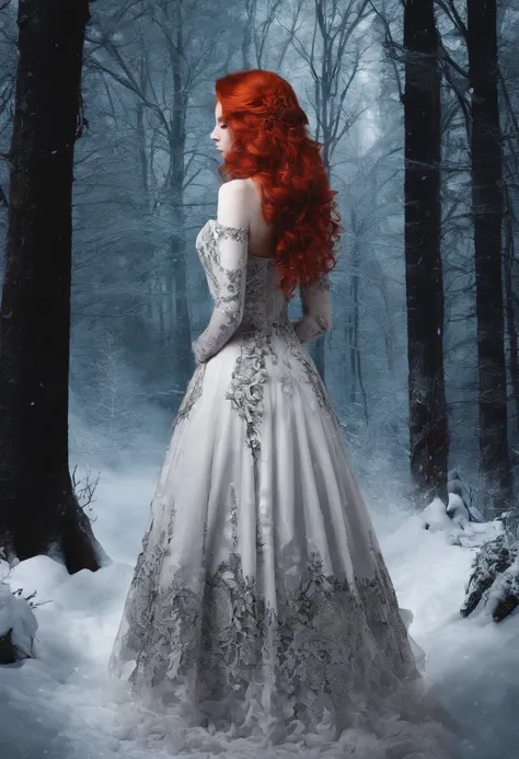 Red haired girl, 2 feet of snow, snow up to her waist, in a forest