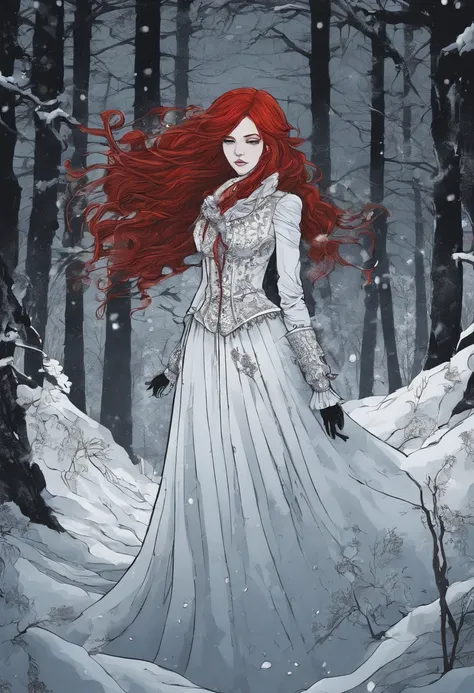 Red haired girl, 2 feet of snow, snow up to her waist, in a forest