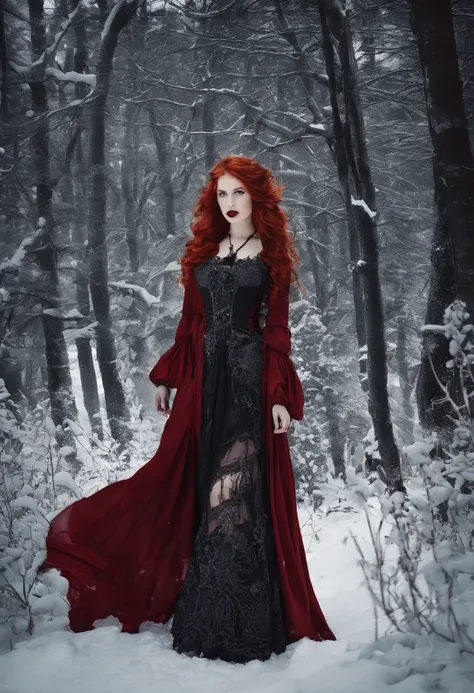 Red haired girl, 2 feet of snow, snow up to her waist, in a forest