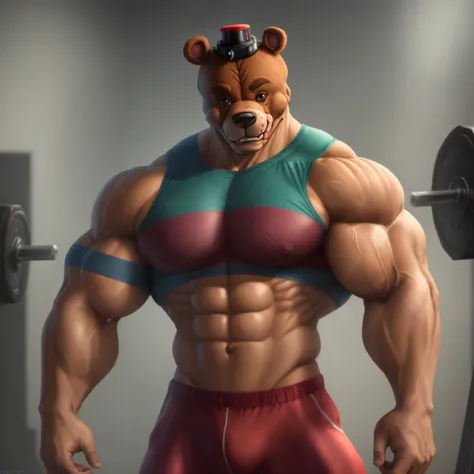 Freddy Fazbear als starker Bodybuilder, dezente Farben, dunkel, shadow