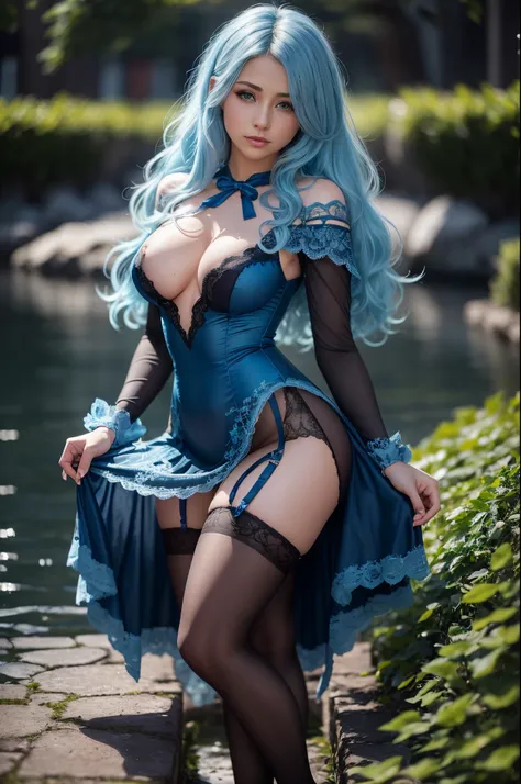 (nsfw:1.2), (8k, RAW photo, best quality, masterpiece: 1.4), ultra high definition, (realistic, photorealistic: 1.48), 20 yrs old, cute girl, 
(blue diamond lace costume:1.3, blue diamond lace stockings:1.3), 
(blue hair:1.4), short hair, (hair over one ey...