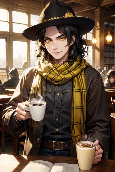 white man with black short wavy hair parted in the middle, smooth face, mischievous smile, wearing yellow scarf and sheriff hat, yellow eyes, ultra-detailed, cinematic beautiful lighting, stand with coffee in library late afternoon, Semi-Realistic anime