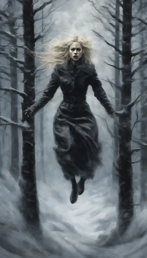 Blonde haired girl, flying through the air, surround by snow,  in a forest