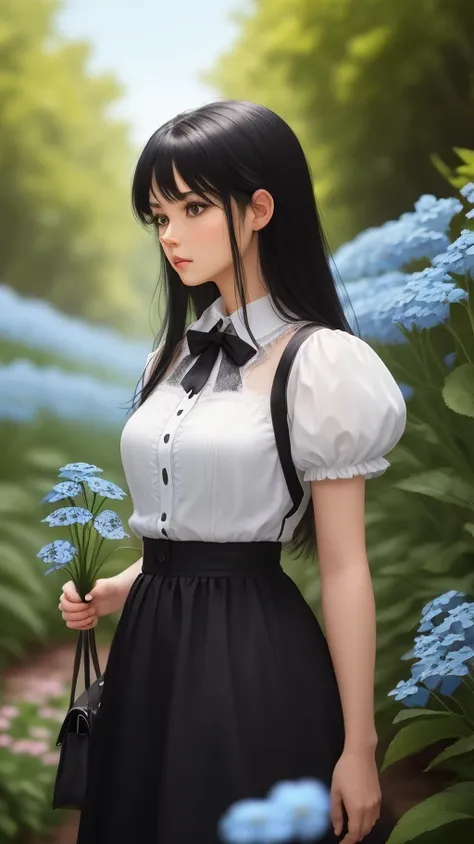 serious looking black haired woman holding a forget-me-not