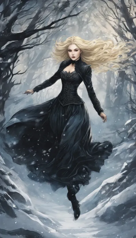 Blonde haired girl, flying through the air, surround by snow,  in a forest