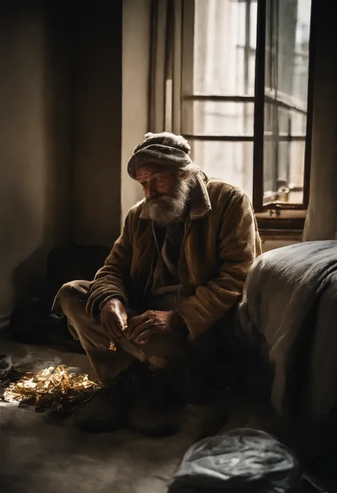 dirty homeless man, wearing torn clothes, holding golden bag and wearing golden necklace, jewellery, living in disorganized hotel room, laying sleeping on bed with white sheets, dramatic lighting, aerial shot, professional photography