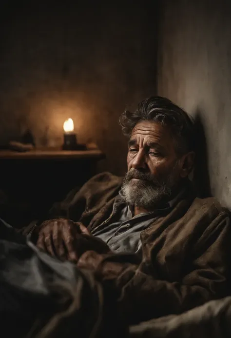 dirty homeless man, wearing torn clothes, holding golden bag and wearing golden necklace, jewellery, living in disorganized hotel room, laying sleeping on bed with white sheets, dramatic lighting, aerial shot, professional photography