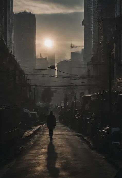 cinematic moody lit dawn, the sun struggles to penetrate the smog above the cybernetic city, where augmented individuals begin their day in the maze of steel and digital billboards, man standing