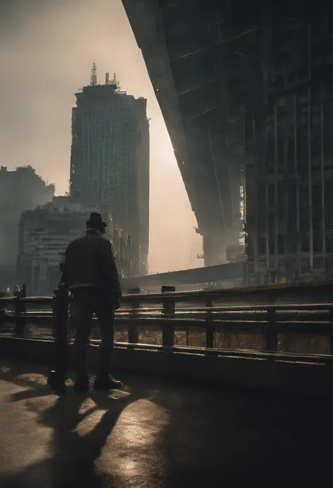 cinematic moody lit dawn, the sun struggles to penetrate the smog above the cybernetic city, where augmented individuals begin their day in the maze of steel and digital billboards, man standing