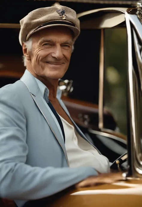 A photo of a vintage sports car,original,Hugh Hefner, the founder of Playboy magazine, was known for his distinctive appearance: often clad in luxurious silk pajamas or a smoking jacket, paired with a sailor’s cap or a smoking pipe, projecting an image of ...