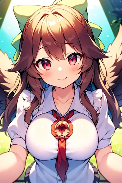 (masterpiece, best quality:1.2), pov, upper body, solo, 1girl, reiuji utsuho, third eye, smile, looking at viewer, hair bow, shirt, puffy short sleeves, wings