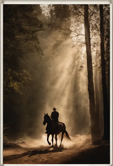 man on horse, complex surroundings, huge net following the horse, cinematic lighting, cinematic photography, moody, high quality