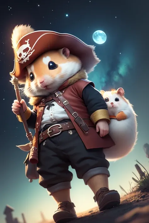 A cute hamster, rpg adventurer clothing, pirate outfit, angle from below, night sky