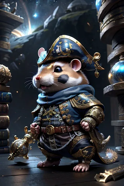 a cute hamster, rpg adventurer clothing, pirate outfit, angle from below, night sky