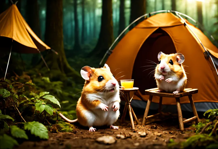 A fun adventurous hamster sitting in a chair having a drink next to his tent, in the middle of the backlit forest scene.