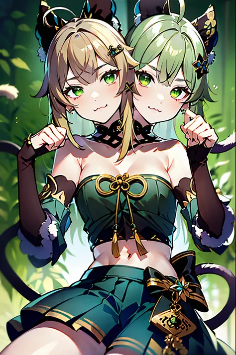 (2heads:1.5), 1boy, flat chest, beautiful, green eyes, blonde hair, green eyes, ahoge, hair ornament, bare shoulders, black crop...