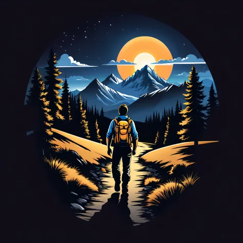 print ready vector t-shirt design, adventure scene with explorer, with beautiful nocturnal sun and mountain in the background, c...