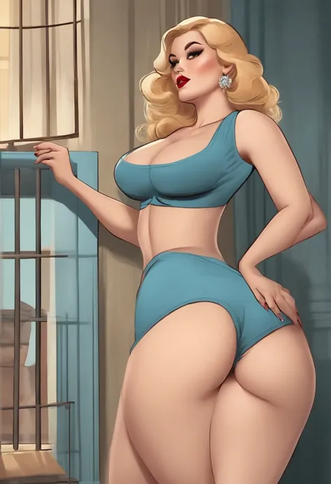 cute vintage cartoon  woman , pale blue skin , big ass , big tits , bending , posing , showing tits and ass ,  bra that doses not fit and is to small , underwear that is to small