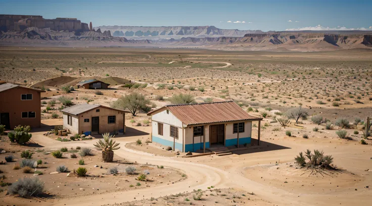 broad desert scenery, northeastern hinterland, foto realista, colorida, casas pobres e simples, sem pessoas