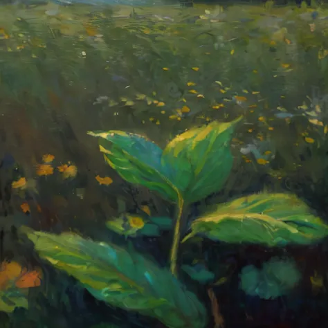 a painting of a field with large leaves and several yellow flowers, inspired by david inshaw, michael sova, inspired by henry lu...