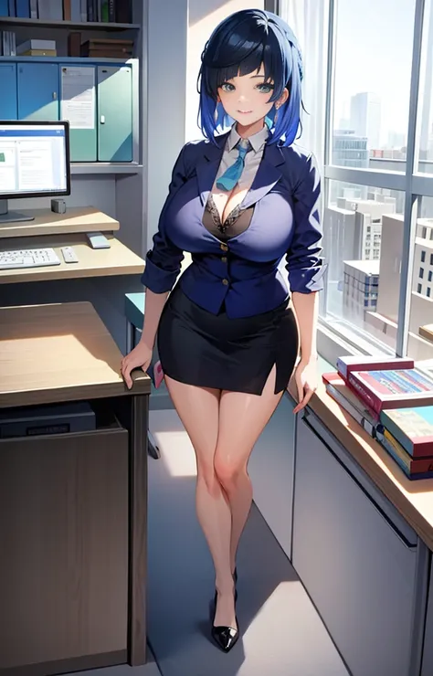 ((masterpiece, best quality)), (1girl),((mature female)), blue hair, ((office lady )),bangs,middle breast,(busty),slim,smile, [wide hips],office,standing,no background