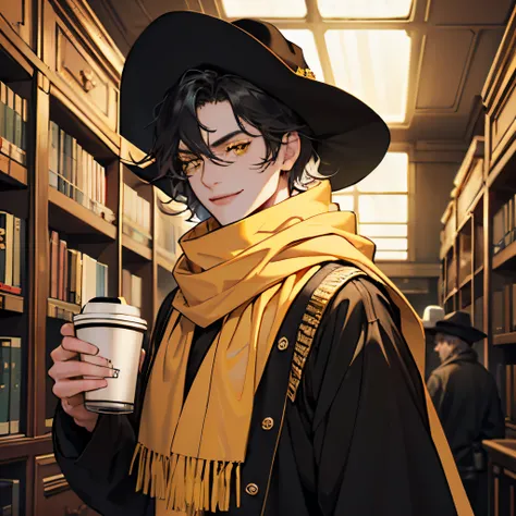 pale man, cabelo preto curto e ondulado repartido ao meio, ROSTO LISO, sorriso travesso, wearing yellow scarf and sheriff hat, olhos amarelos, ultra-detalhado, Beautiful cinematic lighting, with coffee in the library