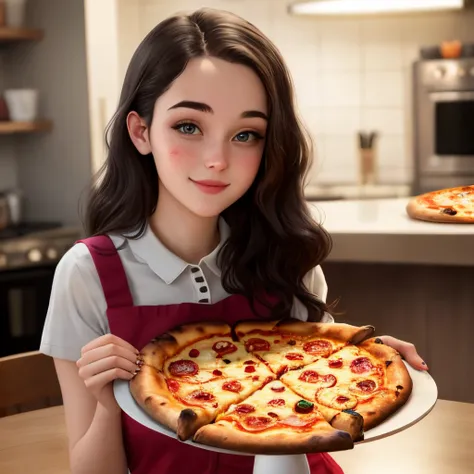 A 25 year old girl holding a pizza