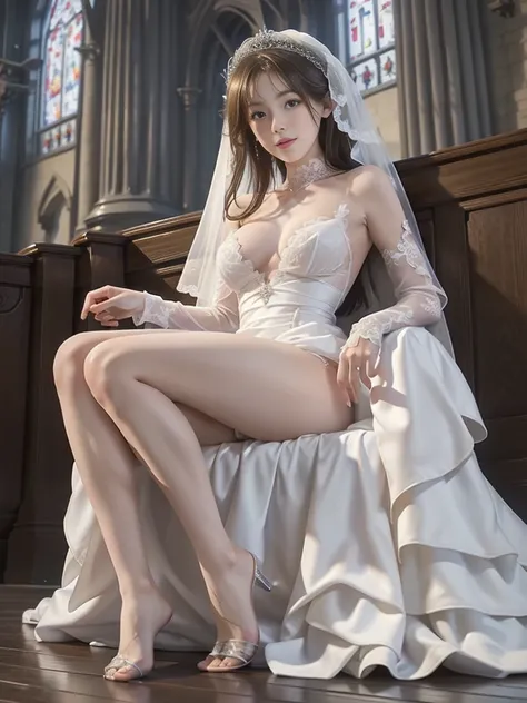 （（best qulaity））， （（tmasterpiece））， （Eine detaillierte）， white very  erotic wedding dress，Leaky big breasts，Undichte Oberschenkel，Haltung des Stehens，1girll，Szene aus der Kirche,upskirt,no underwear