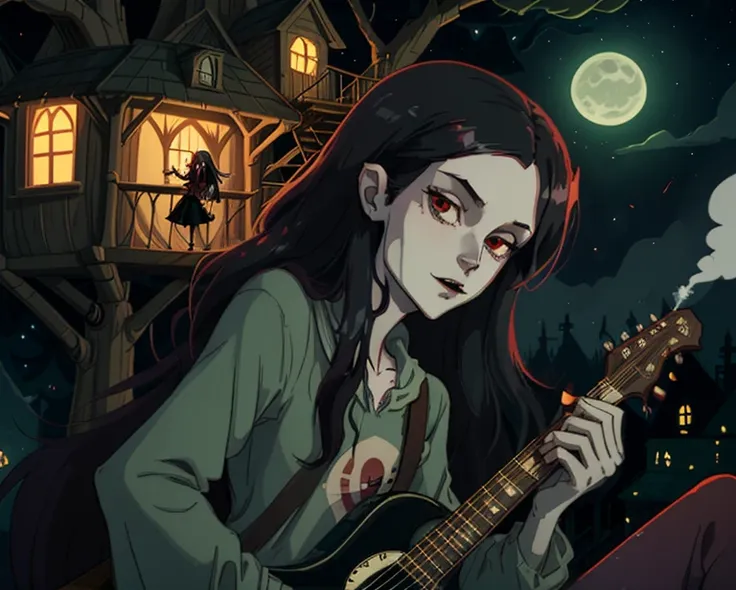 marceline abadeer the vampire queen smoking weed on top of the treehouse in adventure time at night