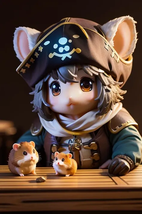 A cute hamster, rpg adventurer clothing, pirate outfit, angle from below, night sky