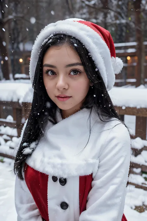 beautiful flowers, snowfall, And a beautiful girl with big eyes, Long black hair, He wears Santa Claus clothes, He stands in the snow and looks at the camera.