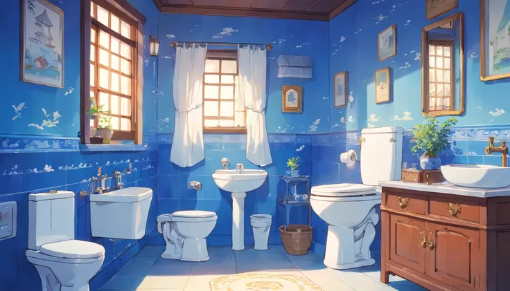 Blue and white porcelain toilet