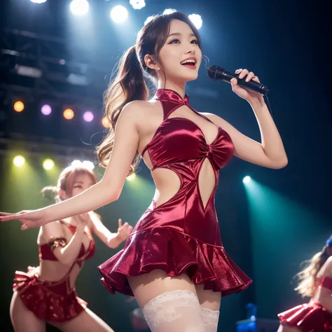 ((Best Quality, masutepiece, 超A high resolution、The most complex and detailed depictions))、Live stage with a large audience、(A very realistic and luxurious stage:1.3)、1 girl in、perfect real idol、large full breasts、long beautiful legs、Biggest smile、Dancing ...