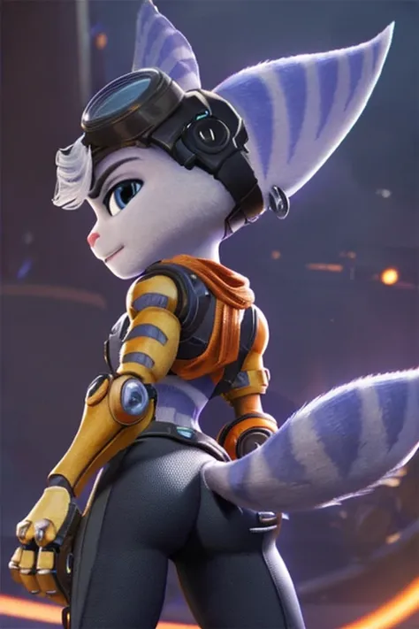 female, (Detailed face), (solo:1.1), [(thin:1.1) : small petite : (rivet (ratchet and clank):1.2):4], black pants, back to the view, butt focus, tail, earrings, goggles on head, bangs, mechanical arms, five fingers, standing, unreal engine 5