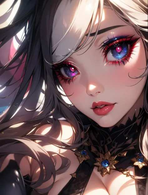 1girl, makeup, lips, thick eyelashes, colored eye shadow, masterpiece, extreme dynamic range, huge breasts