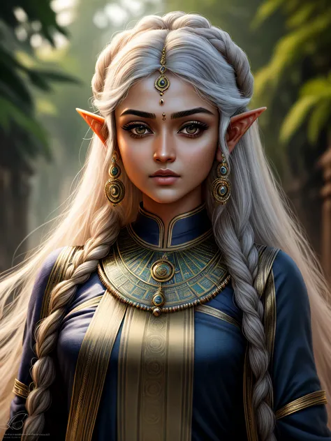 Face mix of Nayanthara and Anushka Shetty, 8k, ultra detailed, photograph of a beautiful elven woman, high fashion elven style