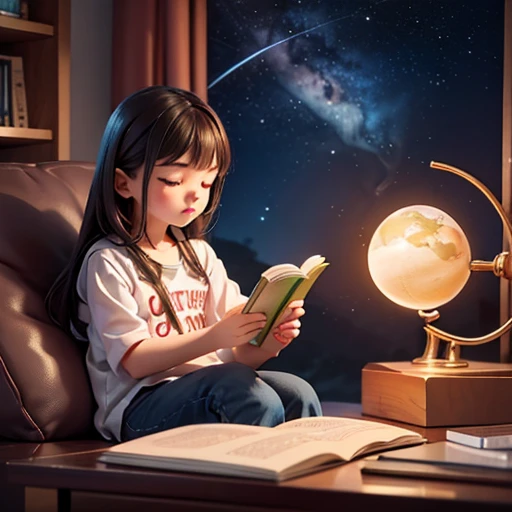 Usando o estilo disney de imagens crie uma garotinha sentada em uma cadeira, reading a book about outer space, with a telescope and a globe at his side