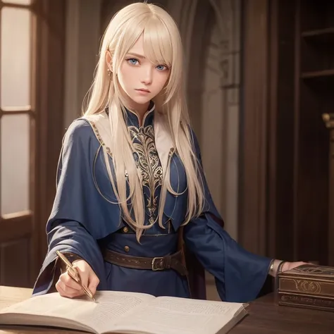 Noble blonde young Swedish European twenty years old female adult, mage apprentice, fair but not beautiful, weak, determined, confident, bratty in a magic academy, frail, proud