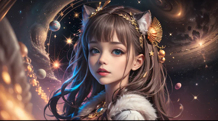 " Girl from the stars, (shimmering fur), celestial antennae, shell of wonder, planetary dreamscape, (cosmic enchantment), surreal artistry, vibrant and alien palette", wide shot, f/1.8, bokeh