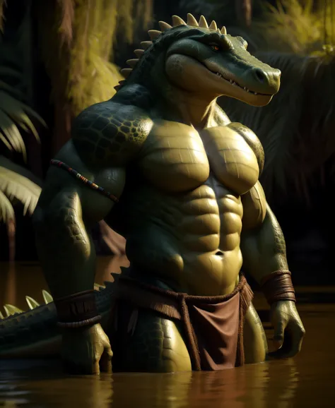 sweat drops, photography, (cool posing:1.1025), smooth skin, ultra realism shading, anthro, green, gator, photorealistic, nude, suggestive, (rembrandt:1.1025), huge pecs, tribal, warrior, biceps, (loincloth:1.05), tiny small waist, slim hunk, sfw, in a swa...