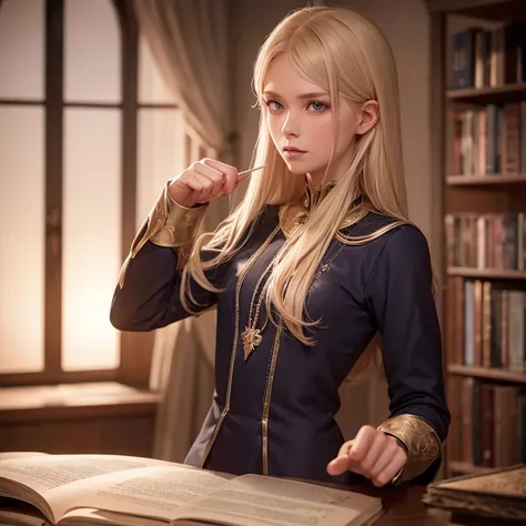 Noble blonde Swedish Russian European twenty years old female adult, mage apprentice, fair but not beautiful, weak, determined, confident, bratty in a magic academy, frail, proud