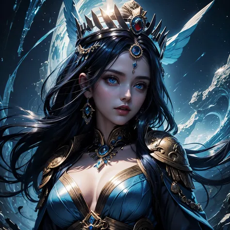 Woman, goddess, Dark blue hair, blue eyes, Goddess of Heaven, goddess, crown