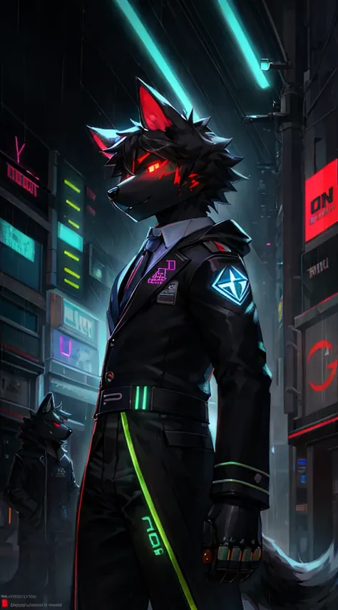 anthro, anthro, black fur color, wide shoulders ,(The Dog Man:1.4), (protogen:1.1), Mechanical parts, A stern look, frown, Very detailed portrait solo-1, Standing in the streets, during a downpour, neon and cyberpunk background, She is dressed in coat-clot...